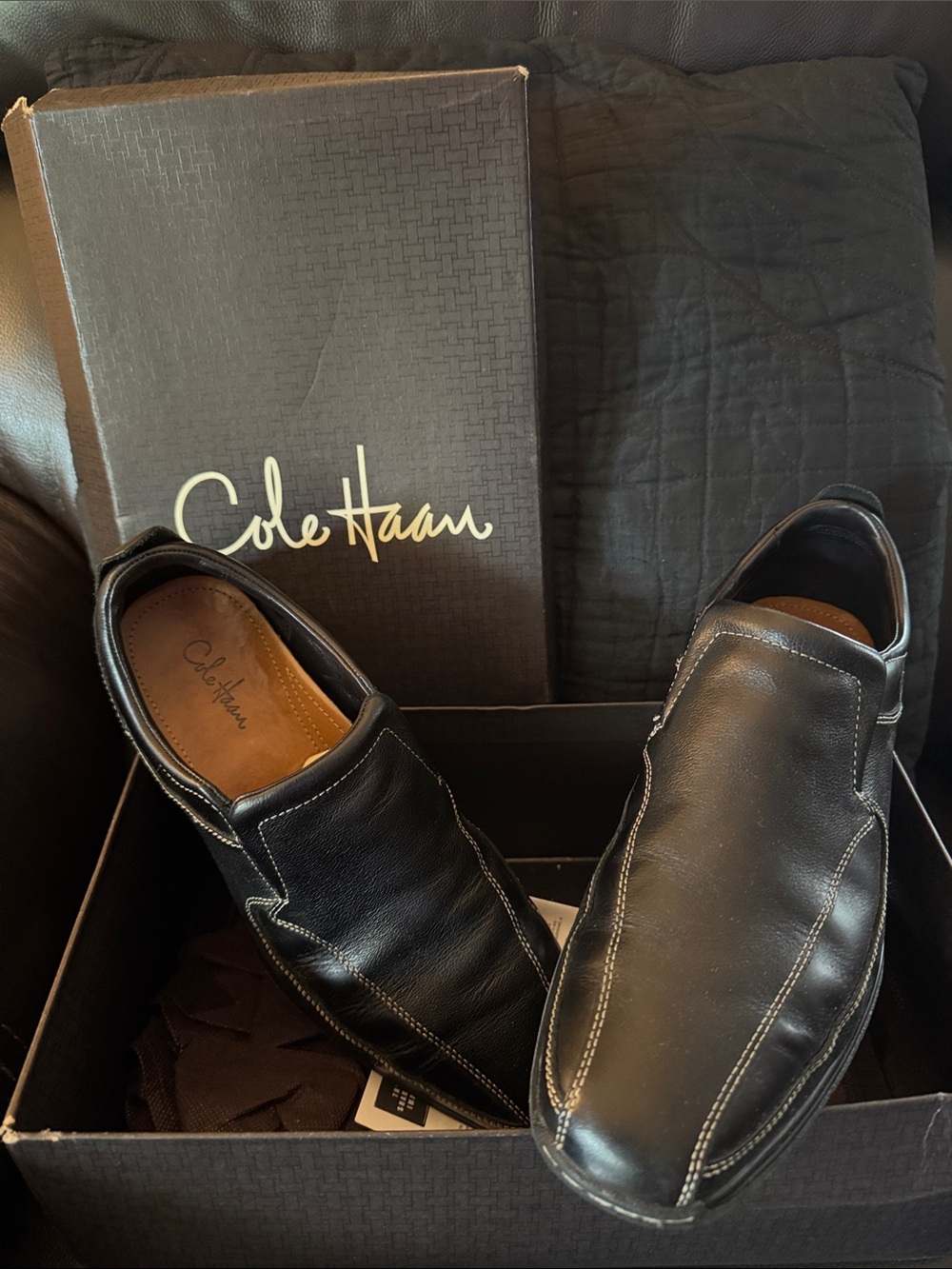 Cole Haan Black Leather Slip-On Loafers with White Stitching